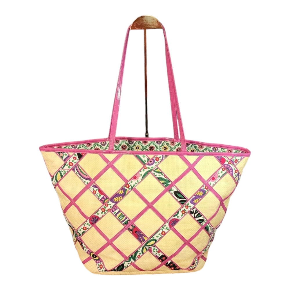 Vera Bradley Viva La Vera Lattice Pattern Straw Beach Pool Tote Bag 20x13x8 VGC
